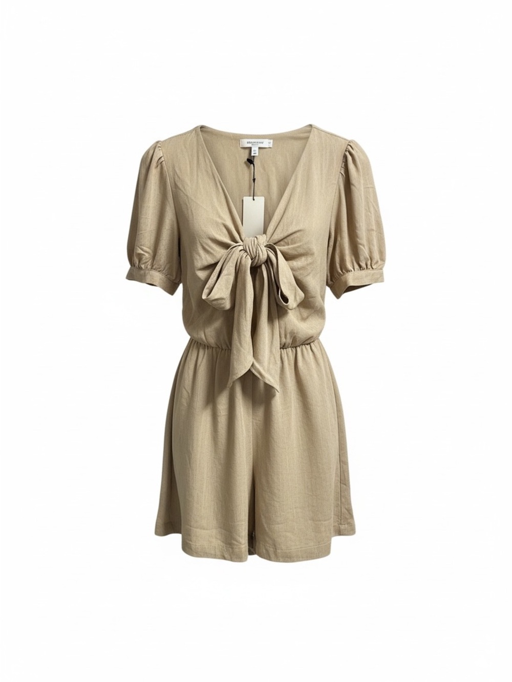 She + Sky Beige Tie-Front Short Sleeve Romper